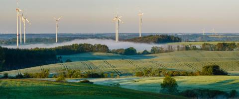 Hügelige Landschaft mit Windrädern