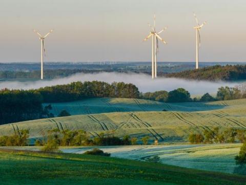 Hügelige Landschaft mit Windrädern